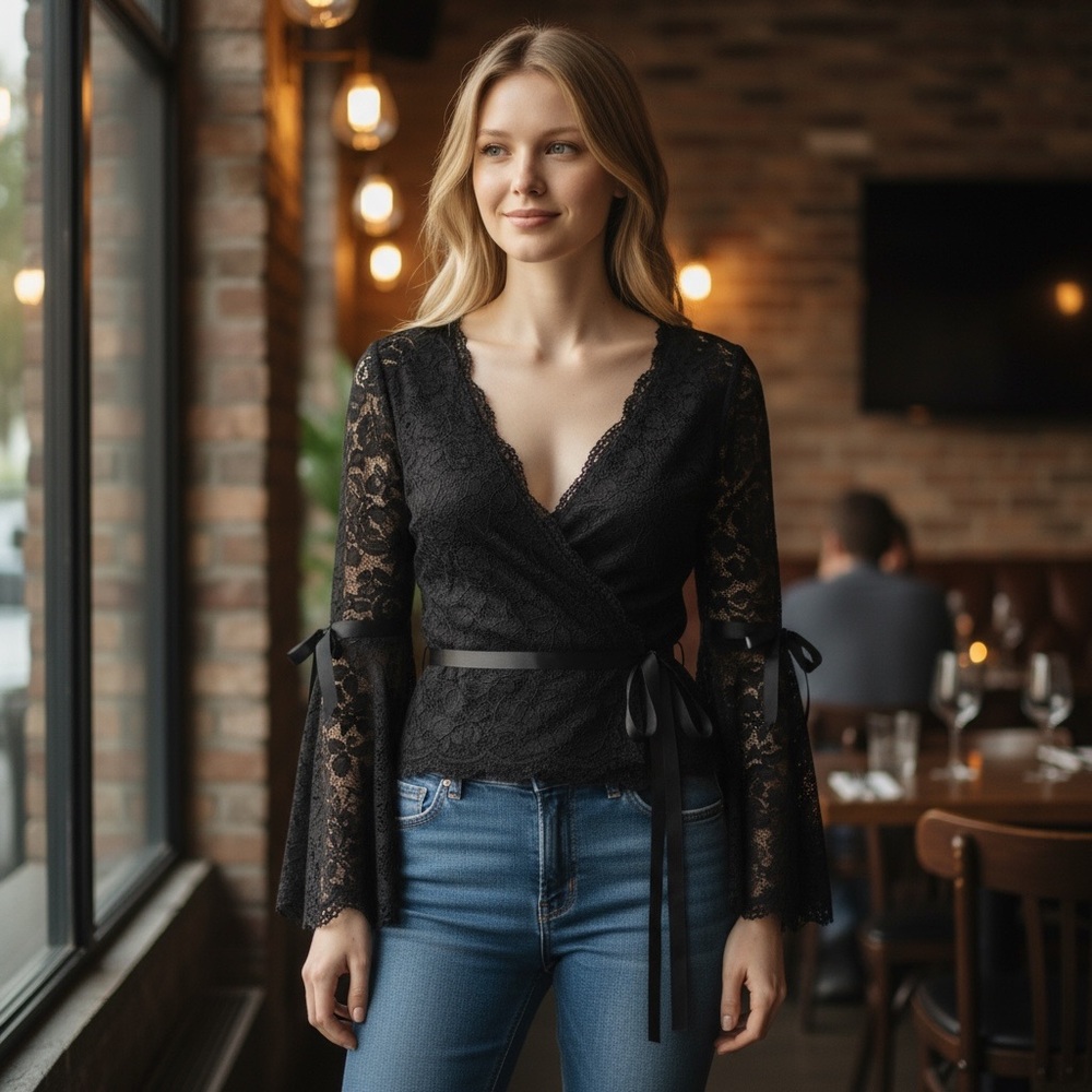 Rare Vintage Diane von Furstenberg Black Lace Wrap Top Bell Sleeves Holiday 4 - Picture 5 of 10